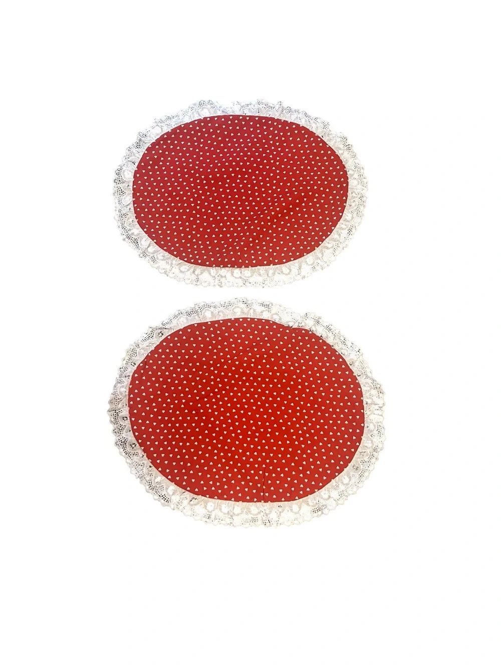 Red White Hearts Fabric Oval Placemats Lace Trim - Set of 4